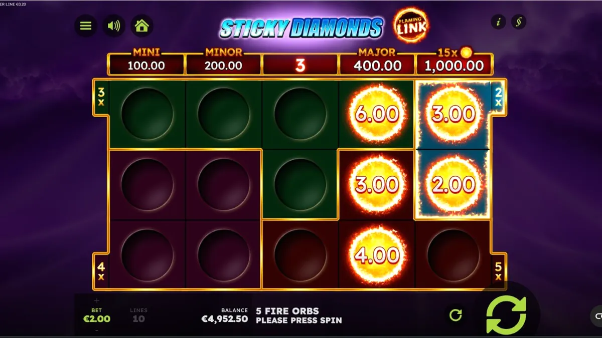 Tampilan visual slot Sticky Diamonds Flaming Link dengan simbol permata dan latar belakang badai petir.